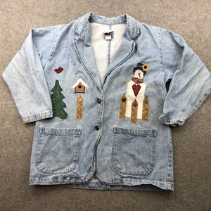 Vintage Sunbelt Denim Jacket Womens Medium Winter Snowman Tree Chirstmas USA 90s - Picture 1 of 21