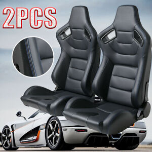 2PCS Racing Seats Bucket PU Leather W/2 Sliders Car Seats Black & blue String 