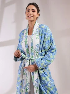 Handblock print Cotton Quilted Robe Winter Housecoat Kimono Robe reversible Warm - Picture 1 of 16