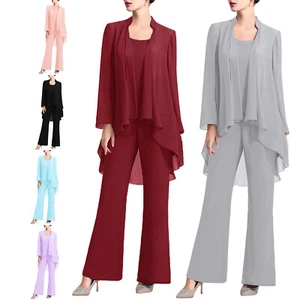 Women 3 Pieces Party Suit Chiffon Pants Suits for Wedding Cocktail Evening Gowns - Picture 1 of 87
