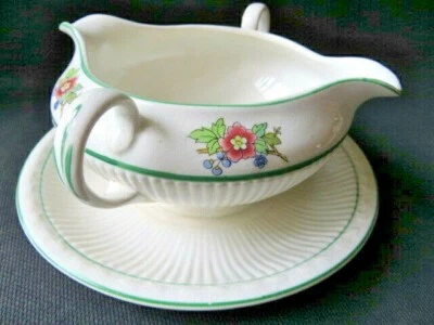 ANTIGUO Owen China Plymouth Gravy Boat Flores Blancas Doble Mango Caño Borde Verde Foto 1 de 4