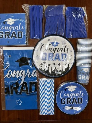 Juego de vajilla de suministros para fiestas de graduación platos/tazas/servilletas/pajitas de papel azul Foto 1 de 4