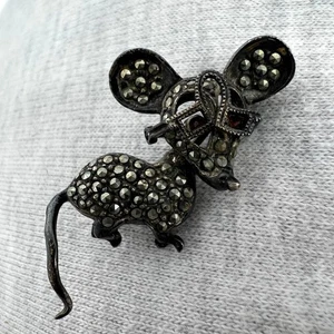Vintage Marcasite Studded Garnet Eyed Mouse Brooch Sterling Silver 1" **READ** - Picture 1 of 5