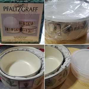 MIB VTG 3 Pfaltzgraff Naturewood Metal Porcelain Enamel Nesting Bowls Lids 1999 - Picture 1 of 13