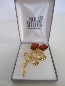 Nolan Miller Glamour Collection Gold Plated Brooch~Faceted Amber Stones & Box - Picture 1 of 16