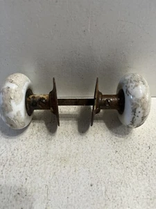 - Antique Porcelain Door Knobs With Steel Spindle And Escutcheon Vintage Salvage - Picture 1 of 6