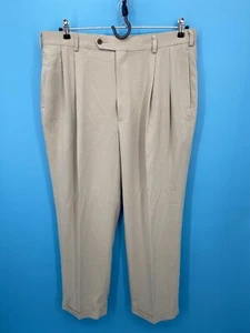 100% Silk Pants Mens 38x29 Beige Pleated Cuffed Herringbone Lightweight Beach - Picture 1 of 11