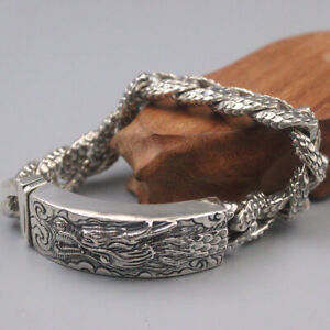Real S925 Sterling Silver Chain Craved Dragon ID Curb Miami Cuban Link Bracelet