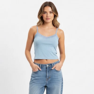 Camiseta sin mangas vintage Y2K The Limited talla pequeña elástica azul encaje ribete cami Foto 1 de 4