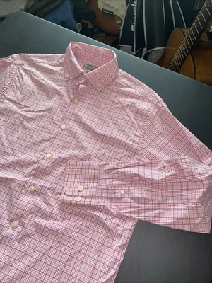 Peter Millar Summer Comfort Mens Medium Pink Blue Plaid Button Up Stretch shirt - Image 1 of 4