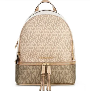 Zaino Michael Kors Rhea Medium con logo firmato metallizzato nuovo con etichette - Camel Multi - Foto 1 di 12