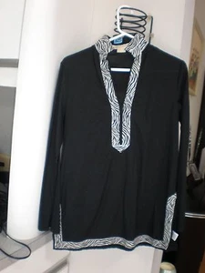 MICHAEL KORS BLACK TUNIC TOP SHIRT WITH ANIMAL ZEBRA TRIM SIZE S ALL COTTON - Picture 1 of 9
