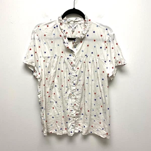 Crown & Ivy Women Off White Blue Embroidered Star Linen Blend Button Up Shirt XL - Picture 1 of 8