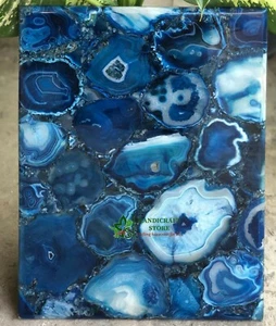 Blue Natural Agate Table Top For Side Table, Corner Table, End Table Brass Strip - Picture 1 of 7
