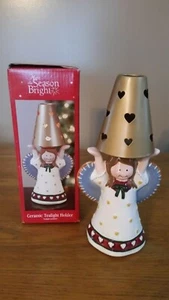 KERAMIK WEIHNACHTENSENGEL TEELICHT KERZENHALTER MIT METALLSCHIRM ~ NEU IM KARTON ~ - Bild 1 von 8