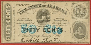 THE STATE OF ALABAMA 1.1.1863 50 CENTS 2ND SERIES SMALL LETTERS AL-CR-4 VF/XF - Picture 1 of 2