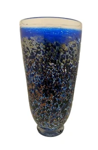 Magnor Norway Vulkan Art Glass Vase Mouth Blown 13" Cobalt & Bronze - Picture 1 of 12