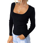 Womens Square Neck Ribbed Tops T Shirts Ladies Long Sleeve Slim Jumper Blouse Uk