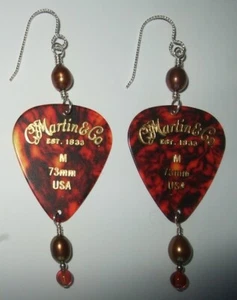 Martin Guitar Pick Earrings Tortoise Shell Sterling Pearl Amber Handcrafted ESS - Picture 1 of 2