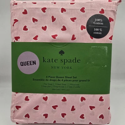 Juego de sábanas corazones pinceladas Kate Spade Queen rojo sobre percal rosa San Valentín 4 piezas Foto 1 de 3