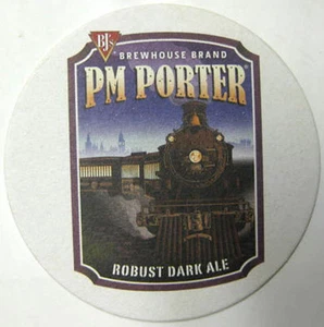 PM PORTER DARK ALE Beer COASTER, Mat with TRAIN, BJ's BREWHOUSE, CALIFORNIA 2014 - Picture 1 of 2