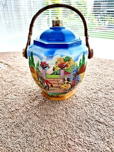 Vintage New Hall Pottery England 7 " Biscuit Barrel c/w Lid & Rattan Handles - Picture 1 of 11