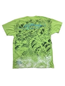 Chemise vintage Ed Hardy homme L vert dragon Christian Audigier AOP bleu feuille excellent état - Photo 1/12