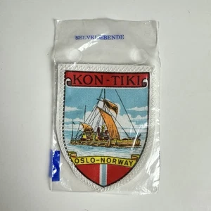 VINTAGE KON TIKI RAFT EXPEDITION HEYERDAHL OSLO NORWAY SOUVENIR WOVEN PATCH - Picture 1 of 2
