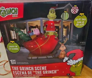 Gemmy 12ft Grinch on Sleigh with Max  Lighted Inflatable - Picture 1 of 2