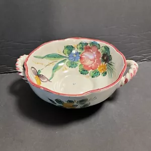 Intalian Pottery Vanro Pottery Bowl with Handles Signed Flowers Pink Green - Picture 1 of 10