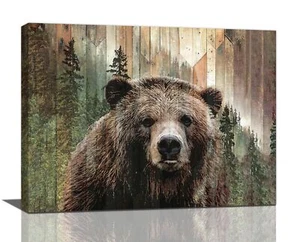 Farmhouse Bear Wall Art Rustic Forest Pictures Decor Woodland Wildlife Painti... - Picture 1 of 6