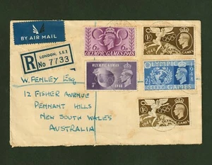 VINTAGE UK OLYMPIC GAMES 1948 REGISTERED AIR MAIL FIRST DAY COVER TO AUSTRALIA - Picture 1 of 2