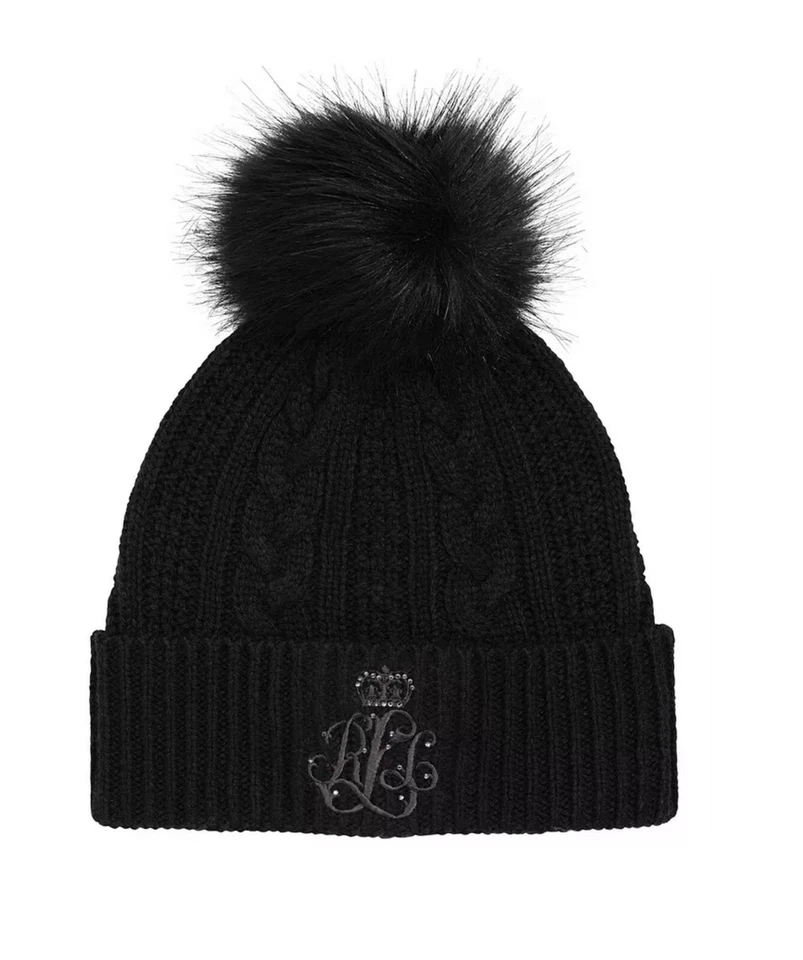 Ralph Lauren Mujer Logo en Estrás Cable Gorro Puño Sombrero con Pompón Negro $58 Foto 1 de 1