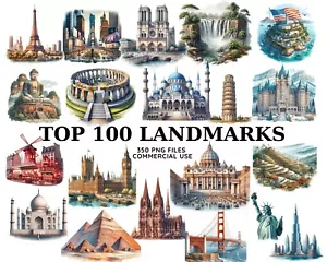 Acquerello Landmarks Clipart, Torre Eiffel Png, Taj Mahal, Statua della Libertà - Foto 1 di 8
