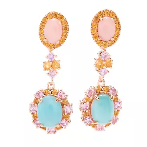Meher's Jewelry 14K Rose Vermeil 1.25" Larimar & Multi Gemstone Drop SS Earrings - Picture 1 of 2