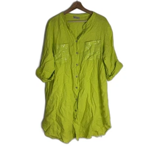 Abito camicia tunica 100% lino grande lime paillettes tasche orlo grezzo Made in Italy - Foto 1 di 12