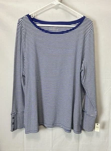 Talbots Damen 2X Langarm blau gestreift Knopf Akzent Manschetten Top Neu mit Etikett - Bild 1 von 10