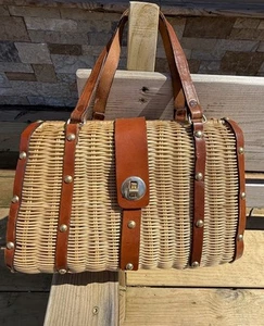 Vtg Simon Basket Purse Made in Hong Kong / Mister Ernest Rattan Leather Rare - Picture 1 of 14