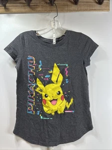Pokemon Girls Short Sleeve T-Shirt Pikachu Charcoal Gray Crewneck Sz L (10-12) Y - Picture 1 of 5