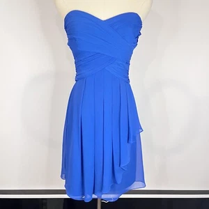 DAVID’S BRIDAL Cobalt Blue Short Crinkle Chiffon Strapless Mini Dress 2 - Picture 1 of 11