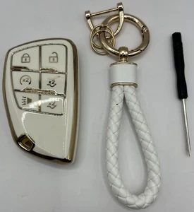 Key Fob Cover With Keychain  Fits Chevy Buick GMC 2021-2024 White Cute Car Key  - Picture 1 of 3