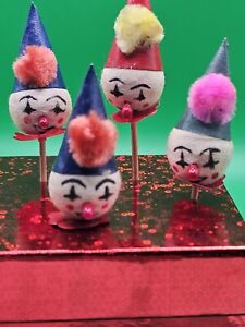 Spun Cotton Clown Head Picks for Cake Decoration and Cupcakes Japan Vintage 4pcs