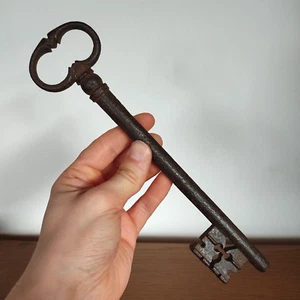 Riesiger massiver antiker Volldorn Schlüssel 24,7 cm Eisen 18. Jhd.? Kleeblatt - Bild 1 von 24