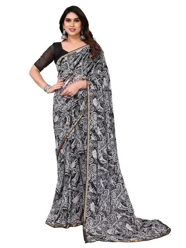 Sari de mujer de encaje y gasa estampada con pieza de blusa sin costuras Foto 1 de 1