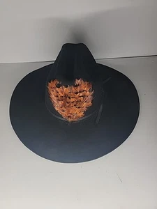 Cowboy Hat Mht Brand 3x Beaver, Feathers On Frt. Black Size 6 1/4 - Picture 1 of 6