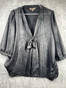 Decree Womens Size L Gunmetal 3/4 Sleeve Blouse Edgy Boho Semi Sheer Bow - Picture 1 of 11