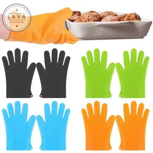 1 Pair Silicone BBQ Heat Resistant Gloves Oven Grill Pot Kitchen Cooking Mitts - Picture 1 of 16