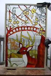 Large Vintage Antler Deer / Humming Bird Leaded Stain Glass Door Window 26" x40" - Picture 1 of 19