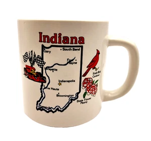 Indiana Souvenir Coffee Tea Hot Mug with State Bird, Flower, Indy Race & Map - Picture 1 of 8