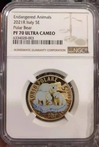 NGC PF70 italy 2021 Endangered Animals Polar Bear 5 Euro Coin - Picture 1 of 1